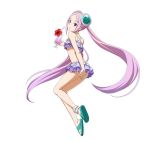  1girl ankle_cuffs arm_behind_back bikini floating_hair flower frilled_bikini frills full_body hair_ornament hibiscus holding long_hair looking_back parted_lips pink_hair purple_bikini red_flower simple_background solo swimsuit sword_art_online twintails very_long_hair violet_eyes white_background yuna_(sao) 