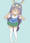  1girl absurdres alternate_costume animal_ears blush dark_skin donguri_suzume facial_mark fate/grand_order fate_(series) grin hairband highres long_hair looking_at_viewer nitocris_(fate/grand_order) purple_hair rabbit_ears smile solo thigh-highs very_long_hair white_legwear younger 