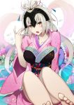  1girl alternate_costume alternate_hairstyle bangs barefoot blush breasts fate/grand_order fate_(series) feet flower foreshortening hagoromo hair_ornament hair_rings headpiece japanese_clothes jeanne_alter kimono large_breasts long_hair long_sleeves looking_at_viewer obi open_mouth pale_skin petals pink_kimono ruler_(fate/apocrypha) sash shawl silver_hair solo toes vane wide_sleeves yellow_eyes 