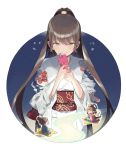  2017 3girls amana_(pocketkey) bangs blush brown_hair chibi closed_mouth floral_print green_eyes hair_between_eyes highres holding japanese_clothes kimono looking_at_viewer multiple_girls night night_sky obi omikuji original outdoors ponytail sash sidelocks sky smile solo_focus split_ponytail tanabata white_kimono 