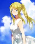  1girl bare_arms blonde_hair blue_eyes clouds dress eyebrows_visible_through_hair fullmetal_alchemist long_hair looking_at_viewer ponytail riru sky smile solo_focus white_dress wind winry_rockbell 