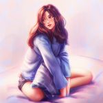 1girl alexandra_mae artist_name black_shorts blue_sweater brown_eyes brown_hair deviantart_username indian_style long_hair long_sleeves open_mouth original parted_lips patreon_username pillow shorts signature sitting solo sweater watermark web_address 