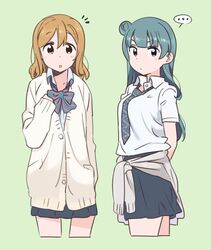  ... 2girls :o black_skirt blush brown_eyes brown_hair cardigan closed_mouth clothes_around_waist cropped_legs green_background green_hair hair_between_eyes hair_bun hand_up kasa_list kunikida_hanamaru looking_at_viewer love_live! love_live!_sunshine!! multiple_girls open_mouth school_uniform short_sleeves simple_background skirt spoken_ellipsis sweater_around_waist tsushima_yoshiko violet_eyes 