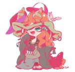  1girl baseball_cap green_eyes hat long_hair mantis_shrimp miura_(splatoon) pani_spla pink_hair sandals sea_slug simple_background smile splatoon splatoon_2 white_background 