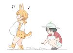  2girls animal_ears bucket_hat elbow_gloves from_side gloves hat hat_feather holding_towel kaban_(kemono_friends) kasa_list kemono_friends multiple_girls musical_note open_mouth picking_up quaver red_shirt serval_(kemono_friends) serval_ears serval_tail shirt short_sleeves shorts skirt slippers smile squatting tail towel walking 