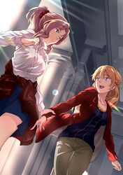  2girls :d absurdres alternate_costume alternate_hairstyle aqua_eyes bangs blonde_hair blouse blue_blouse blue_eyes blue_skirt braid breasts casual ceiling cleavage closed_mouth clothes_around_waist collarbone column couple darjeeling dress_shirt dutch_angle female french_braid from_below girls_und_panzer highres jacket jacket_around_waist kay_(girls_und_panzer) khakis large_breasts lens_flare long_hair long_sleeves looking_at_another looking_back medium_breasts miniskirt multiple_girls mutual_yuri neck open_mouth pants pillar ponytail red_jacket scrunchie shijie_jianfa shirt skirt smile sunlight walking white_shirt wrist_grab yuri 