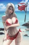  1girl absurdres armband aya_foxheart bikini blonde_hair blue_eyes breasts cleavage cowboy_shot final_fantasy final_fantasy_xiv flag hand_on_own_thigh highres hyur large_breasts navel outdoors solo swimsuit ushio_(starchild720) water 