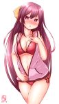  10s 1girl alternate_costume bikini blush bow breasts cleavage collarbone commentary_request hair_bow hair_ribbon hand_on_own_chest highres hood hooded_jacket jacket kamikaze_(kantai_collection) kanon_(kurogane_knights) kantai_collection long_hair looking_at_viewer navel parted_lips red_bikini ribbon side-tie_bikini simple_background sketch smile solo swimsuit undressing white_background 