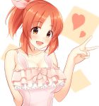  1girl abe_nana arm_behind_back bangs bare_arms blush bow breasts brown_eyes cleavage collarbone frills h3po4_chiba hair_ribbon hand_up heart highres idolmaster idolmaster_cinderella_girls large_breasts looking_at_viewer open_mouth orange_hair parted_bangs pink_camisole ponytail ribbon sidelocks smile solo v 