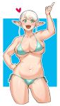  1girl arm_up bikini blonde_hair blue_bikini blush breasts cleavage collarbone elf-san_wa_yaserarenai. erufuda-san eyebrows_visible_through_hair fang hand_on_hip heart highres looking_at_viewer pointy_ears raised_eyebrows short_hair skindentation smile solo swimsuit synecdoche thighs 