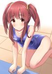  1girl all_fours arched_back arm_support ass bangs bare_arms blue_swimsuit blush breasts brown_eyes brown_hair competition_swimsuit eyebrows_visible_through_hair h3po4_chiba idolmaster idolmaster_cinderella_girls kneeling legs light_smile looking_at_viewer looking_up ogata_chieri one-piece_swimsuit sidelocks small_breasts solo swimsuit thighs twintails 