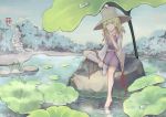  1girl absurdres bangs barefoot blonde_hair blue_eyes brown_hat dated day forest hair_ribbon hand_on_ankle hat highres leg_up lily_pad long_sleeves looking_at_viewer moriya_suwako morning nature on_rock outdoors pointing pointing_up purple_skirt purple_vest reflection ribbon ribbon-trimmed_legwear ribbon-trimmed_sleeves ribbon_trim ripples shirt short_hair single_thighhigh sitting skirt skirt_set smile solo stairs thigh-highs torii touhou tree turtleneck vest water_drop white_legwear white_shirt wide_sleeves yashi_kano_ko 