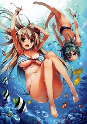  2girls absurdres air_bubble arms_up ass bangs bare_legs barefoot bikini blue_hair bracelet breasts brown_hair bubble cleavage competition_swimsuit coral diving feet fish flower freediving front-tie_top full_body green_eyes hair_flower hair_ornament highres holding_breath huge_filesize jewelry large_breasts light_rays long_hair looking_at_viewer multiple_girls navel one-piece_swimsuit open_mouth scan shiny shiny_skin side-tie_bikini smile soles string_bikini striped striped_bikini striped_swimsuit submerged sunbeam sunlight swimming swimsuit toes tomose_shunsaku under_boob underwater upside-down violet_eyes wristband 