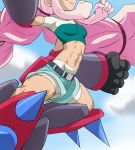  1girl belt blue_sky bodysuit breasts character_request clenched_hand clouds green_shorts haruyama_kazunori head_out_of_frame heybot! long_hair medium_breasts midriff navel pink_hair prehensile_hair shorts sky smile solo 