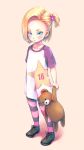  1girl android_18 blonde_hair blue_eyes blush character_name child copyright_name dragon_ball eply full_body hair_bobbles hair_ornament holding pantyhose shirt short_hair short_sidetail solo striped striped_legwear stuffed_animal stuffed_toy t-shirt teddy_bear younger 