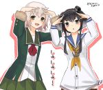  10s 2girls arms_up black_hair blonde_hair blue_sailor_collar brown_eyes cowboy_shot fur-trimmed_sleeves fur_trim gradient_hair green_eyes green_jacket green_skirt hat headgear jacket kantai_collection long_sleeves looking_at_viewer lowleg_pantyhose mini_hat multicolored_hair multiple_girls neck_ribbon open_mouth pleated_skirt red_ribbon ribbon sailor_collar school_uniform serafuku shading_eyes shimushu_(kantai_collection) shimushu_pose shirt short_hair short_hair_with_long_locks sidelocks skirt tied_shirt tokitsukaze_(kantai_collection) twintails two_side_up yamashiki_(orca_buteo) 