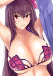  1girl arm_over_head armpits arms_up bangs bikini blush breasts cleavage collarbone eyebrows_visible_through_hair fate/grand_order fate_(series) flower hair_between_eyes hair_flower hair_ornament large_breasts long_hair looking_to_the_side parted_lips purple_bikini purple_hair red_eyes removing_jacket scathach_(fate/grand_order) scathach_(swimsuit_assassin)_(fate) schizanthus_(artist) simple_background skindentation smile solo swimsuit upper_body water_drop wet wet_hair white_background 