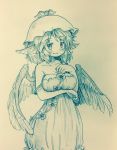  1girl animal_ears arinu bare_shoulders bird_wings blush breasts collarbone dress eyebrows_visible_through_hair feathered_wings hat highres large_breasts looking_at_viewer medium_hair monochrome mystia_lorelei smile solo spaghetti_strap strap_slip touhou traditional_media wings 