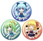  3girls aqua_eyes ascot blonde_hair blue_dress blue_eyes blue_hair chibi cirno closed_eyes daiyousei dress fairy_wings green_hair grin hair_ribbon hands_on_hips ice ice_wings konatsu_hisagi multiple_girls open_mouth outstretched_arms ribbon rumia side_ponytail smile touhou wings 