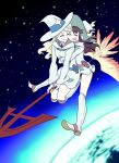 2girls boots broom broom_riding brown_hair cheek-to-cheek closed_eyes diana_cavendish dress green_hair happy hat hug hug_from_behind kagari_atsuko little_witch_academia long_hair multiple_girls smile white_dress witch witch_hat yuri 