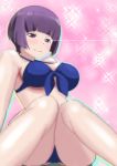  1girl arm_support bangs bikini blunt_bangs blush breasts eromanga_sensei front-tie_top knees_together_feet_apart large_breasts purple_hair senju_muramasa short_hair smile solo strap_gap swimsuit thighs violet_eyes 