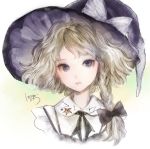  1girl black_bow black_hat blonde_hair blue_eyes bow braid closed_mouth commentary_request expressionless hair_bow hat hat_bow kirisame_marisa lips long_hair portrait side_braid solo touhou viridiflora white_bow witch_hat 