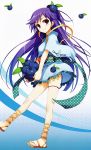 1girl absurdres bangs basket eyebrows_visible_through_hair feet food frills fruit full_body hair_ornament highres japanese_clothes looking_at_viewer obi open_toe_shoes polka_dot purple_hair sandals sash scan shoes simple_background smile solo toes tomose_shunsaku violet_eyes wide_sleeves 