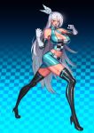 1girl abs absurdly_long_hair bandage black_legwear breasts cleavage dark_skin dungeon_and_fighter eyebrows_visible_through_hair gloves hairband high_heels highres kim_jin_sung large_breasts long_hair looking_at_viewer muscle muscular_female navel orange_eyes silver_hair solo thigh-highs very_long_hair white_gloves 