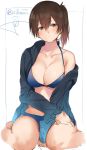  10s 1girl between_legs bikini blue_bikini blue_jacket blush breasts brown_eyes brown_hair cleavage collarbone hair_between_eyes hand_between_legs hand_on_own_thigh highres isshiki_(ffmania7) jacket kaga_(kantai_collection) kantai_collection large_breasts looking_at_viewer off_shoulder open_clothes open_jacket seiza short_hair side_ponytail signature simple_background sitting sketch solo swimsuit thighs twitter_username white_background 