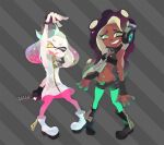 artist_request boots crown dark_skin fingerless_gloves gloves green_eyes green_legwear headphones highres marina_(splatoon) microphone official_art pearl_(splatoon) pink_legwear purple_hair splatoon splatoon_2 tagme tentacle_hair white_hair yellow_eyes