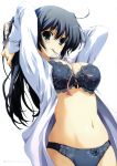  1girl absurdres bangs blue_eyes blue_hair bra breasts cleavage eyebrows_visible_through_hair highres large_breasts long_hair looking_at_viewer mouth_hold navel open_clothes open_shirt scan shirt simple_background smile solo tomose_shunsaku underwear white_background white_shirt 