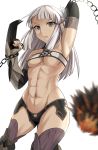  1girl abs armpits berserker_of_el_dorado braid breasts chains cowboy_shot detached_collar elbow_gloves fate/grand_order fate_(series) gloves gluteal_fold hirame_sa long_hair looking_at_viewer navel parted_lips penthesilea_(fate/grand_order) shorts silver_hair simple_background solo standing thigh-highs throwing under_boob weapon white_background 