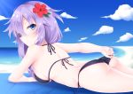 1girl alternate_costume ass beach bikini blue_eyes blush braid breasts choujigen_game_neptune cleavage closed_mouth clouds collarbone hair_ornament highres large_breasts long_hair looking_at_viewer looking_back lying neptune_(choujigen_game_neptune) neptune_(series) on_stomach power_symbol purple_bikini purple_hair purple_heart ribbon shikapiro sky smile solo swimsuit symbol-shaped_pupils tied_hair twin_braids very_long_hair 