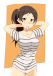  1girl absurdres arms_behind_head arms_up blush breasts brown_eyes brown_hair highres idolmaster idolmaster_million_live! j.roswel kitazawa_shiho long_hair looking_at_viewer medium_breasts mouth_hold ponytail sketch solo standing tying_hair 