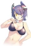  10s 1girl akama_zenta bikini_top black_bikini_top breasts cleavage eyepatch_bikini grin hair_over_one_eye halterneck hand_on_hip headgear kantai_collection looking_at_viewer medium_breasts navel purple_hair short_hair simple_background smile solo tenryuu_(kantai_collection) w white_background yellow_eyes 