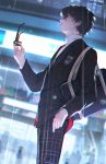  1boy amamiya_ren arm_at_side atlus backlighting bag black_hair blazer blurry blurry_background building cowboy_shot from_side glasses glasses_removed hand_in_pocket hand_up highres holding holding_glasses j_315_(jean) jacket kurusu_akira light long_sleeves looking_at_viewer male_focus megami_tensei night outdoors pants parted_lips persona persona_5 plaid plaid_pants rain school_uniform shirt short_hair side_glance solo_focus standing super_smash_bros. turtleneck 