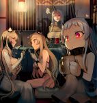  ... 10s 4girls airfield_hime breasts cup dress flying_sweatdrops heart highres holding holding_cup horn horns kantai_collection lamp large_breasts long_hair midway_hime mittens mug multiple_girls northern_ocean_hime open_mouth red_eyes seaport_hime shinkaisei-kan sitting sleeveless sleeveless_dress smile sparkle spoken_ellipsis sweatdrop walzrj white_dress white_hair 