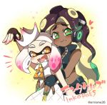 2girls crown dark-skinned_female dark_skin eromame fingerless_gloves gloves green_eyes headphones heart marina_(splatoon) mole mole_under_mouth multiple_girls orange_eyes pearl_(splatoon) splatoon splatoon_2 tentacle_hair twitter_username zipper