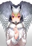  1girl black_hair fur_collar gochiwa hand_on_own_wrist head_wings highres kemono_friends long_sleeves looking_at_viewer multicolored_hair northern_white-faced_owl_(kemono_friends) red_eyes solo spoon spoon_in_mouth spread_wings upper_body white_background white_coat white_hair 
