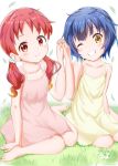  2girls artist_request bare_shoulders barefoot blue_hair collarbone curly_hair dress full_body gochuumon_wa_usagi_desu_ka? grass grin hand_holding highres interlocked_fingers jouga_maya leaf long_hair looking_at_viewer low_twintails multiple_girls natsu_megumi on_ground one_eye_closed pink_dress red_eyes redhead short_hair sitting smile sundress twintails wariza yellow_dress yellow_eyes 