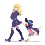  2girls blonde_hair blue_eyes boots brown_hair child diana_cavendish dress following hat kagari_atsuko little_witch_academia long_hair luo. multiple_girls open_mouth simple_background staff star wand white_background witch witch_hat yuri 