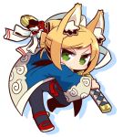  1girl 7th_dragon 7th_dragon_(series) :&lt; animal_ears blonde_hair blush chibi eyebrows_visible_through_hair fox_ears green_eyes holding holding_sword holding_weapon looking_at_viewer naga_u solo sword weapon 