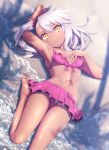  1girl :d bangs bare_legs barefoot beach bikini bikini_skirt blush breasts chloe_von_einzbern collarbone commentary_request dark_skin day eyebrows_visible_through_hair fate/kaleid_liner_prisma_illya fate_(series) feet frilled_bikini frills from_above hair_between_eyes haribote_(tarao) long_hair looking_at_viewer lying navel ocean on_back open_mouth outdoors pink_bikini revision sand silver_hair small_breasts smile solo swimsuit water wet yellow_eyes 