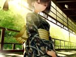  1girl architecture atha_(leejuiping) black_hair brown_eyes butterfly east_asian_architecture half-closed_eyes highres japanese_clothes kimono kneeling leaf obi original sash solo tree wide_sleeves 