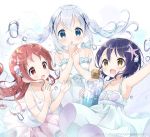  3girls :o alternate_costume arm_up armpits bangs bare_shoulders blue_dress blue_eyes blue_hair blue_shirt blush bottle chimame-tai collarbone commentary_request cork dated dress eyebrows_visible_through_hair flat_chest floating_hair gochuumon_wa_usagi_desu_ka? hair_down hair_ornament hairclip halter_dress halter_top halterneck hand_to_own_mouth holding holding_bottle jouga_maya kafuu_chino light_blue_hair long_hair looking_at_viewer multiple_girls natsu_megumi neki_(wakiko) open_mouth parted_bangs pearl pink_skirt red_eyes redhead seashell shell shirt short_hair sidelocks skirt skirt_set sleeveless sleeveless_dress smile starfish starfish_hair_ornament twintails twitter_username water water_drop white_background white_skirt x_hair_ornament yellow_eyes 