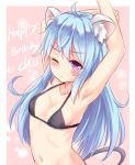  1girl ;&lt; animal_ears armpits arms_up bikini_top black_bikini_top blue_hair blush breasts character_request collarbone happy_birthday long_hair looking_at_viewer navel shimokirin small_breasts solo tail violet_eyes 