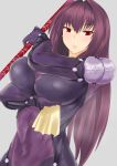  1girl armor bangs blush bodysuit breast_hold breasts commentary_request covered_navel eyebrows_visible_through_hair fate/grand_order fate_(series) gae_bolg grey_background hair_between_eyes hair_intakes handkerchief holding holding_weapon large_breasts long_hair looking_at_viewer parted_lips pauldrons polearm purple_bodysuit purple_hair red_eyes scathach_(fate/grand_order) schizanthus_(artist) shoulder_armor simple_background solo spear sweat weapon 