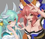  2girls animal_ears aora aqua_hair breasts cleavage detached_sleeves eyebrows_visible_through_hair fate/extra fate/grand_order fate_(series) fox_ears hair_ornament hair_ribbon heart heart_hands horns japanese_clothes kimono kiyohime_(fate/grand_order) large_breasts long_hair looking_at_viewer one_eye_closed open_mouth pink_hair ribbon simple_background smile tamamo_(fate)_(all) tamamo_no_mae_(fate) unfinished yellow_eyes 
