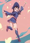  1girl blue_hat blush boots brown_hair c_home full_body hat high_heel_boots high_heels highres holding holding_wand kagari_atsuko knee_boots little_witch_academia long_sleeves looking_at_viewer open_mouth red_eyes smile solo teeth wand 
