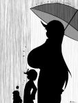  10s 3girls breasts enemy_aircraft_(kantai_collection) flat_chest from_side gigantic_breasts horn kantai_collection long_hair multiple_girls northern_ocean_hime ra-yu rain ryuujou_(kantai_collection) seaport_hime shinkaisei-kan silhouette size_difference twitter_username umbrella visor_cap 